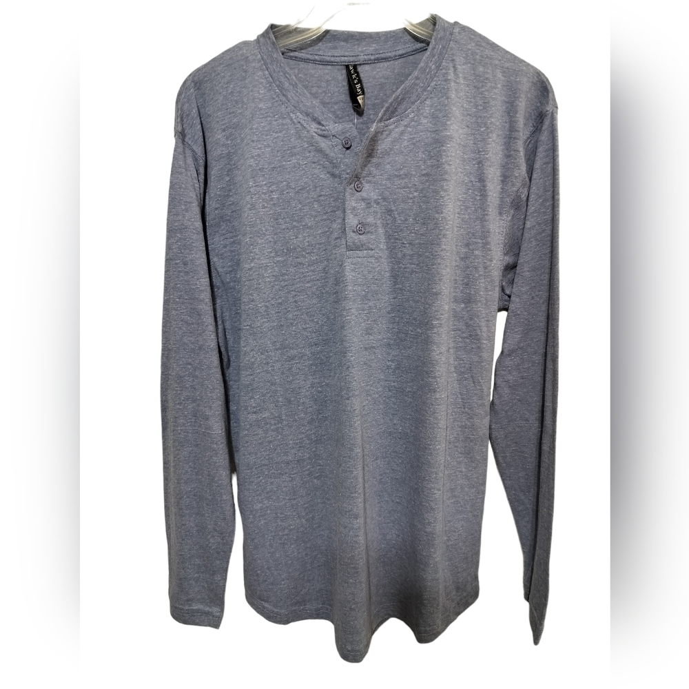 M267) Hawks Bay Blue Henley Long Sleeve Three Buttons Shirt Size Large